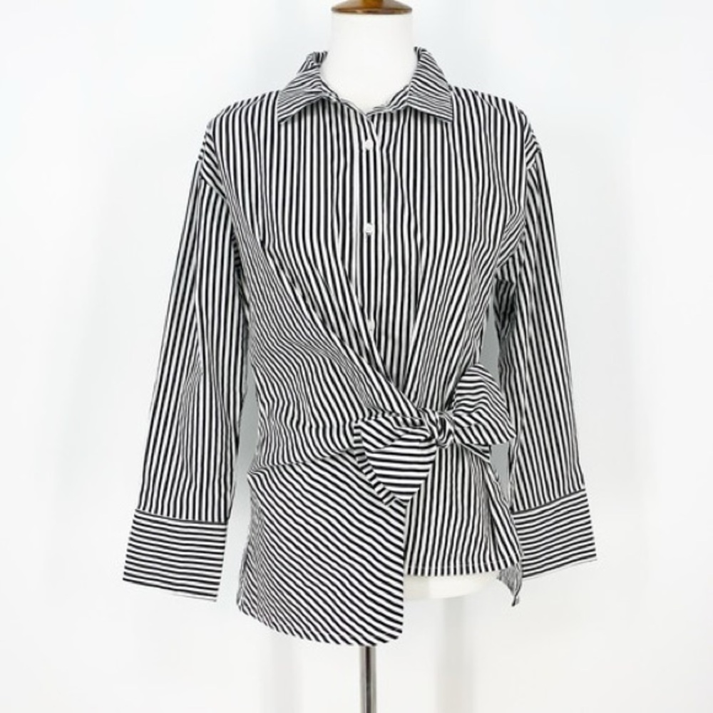 Kensie Striped Black/White Collared Button Front Long Sleeve Blouse -  Size XL